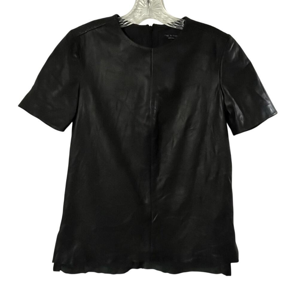Rag & Bone Black Lamb Leather Short Sleeve Top Side Slits Size S